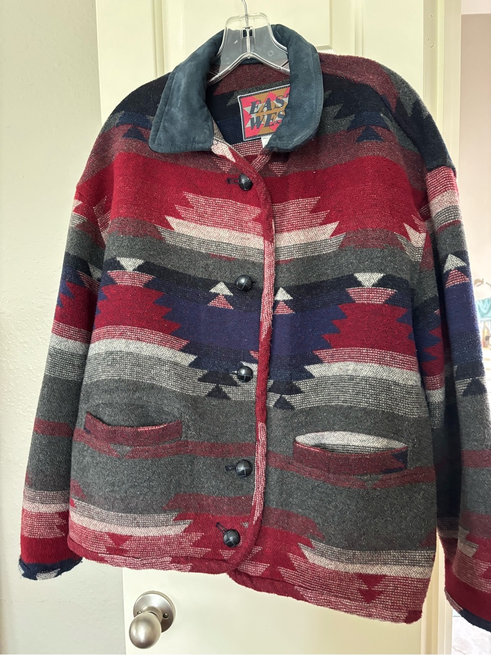 Red Patterned Utility Jacket with Suede Collar